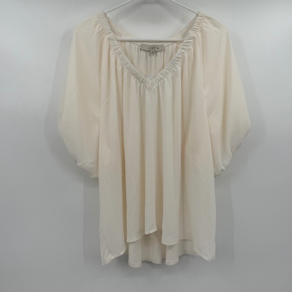 Loft Top Women XXL NEW Ivory Short Sleeve Sheer V Neck Office Neutral Peasant - Picture 1 of 12